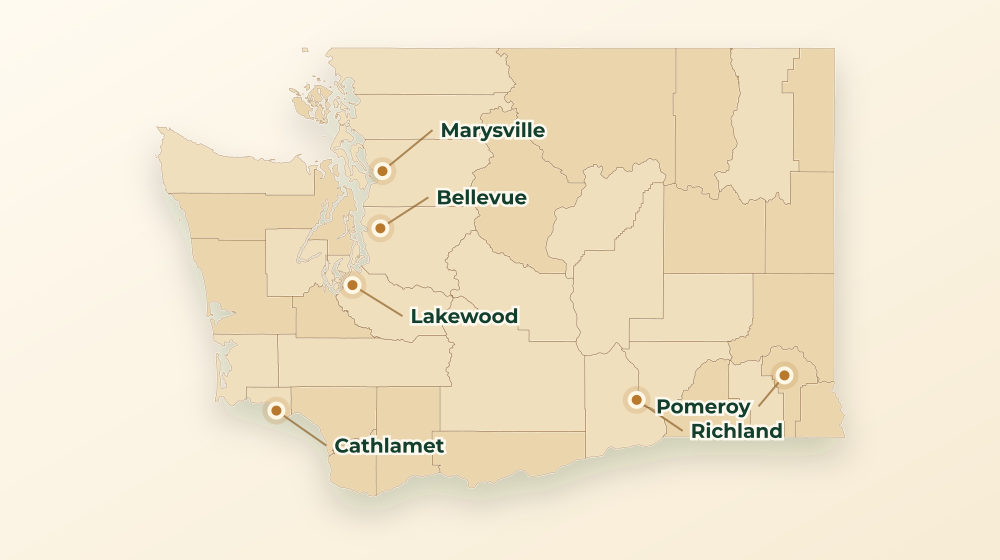Accurate Washington land service area map with county boundaries and major city labels